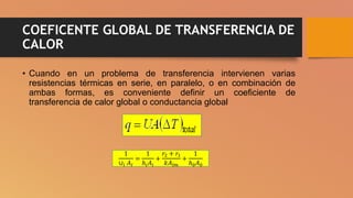 COEFICENTE GLOBAL DE TRANSFERENCIA DE
CALOR
• Cuando en un problema de transferencia intervienen varias
resistencias térmicas en serie, en paralelo, o en combinación de
ambas formas, es conveniente definir un coeficiente de
transferencia de calor global o conductancia global
1
∪𝑖 𝐴𝐼
=
1
ℎ𝑖𝐴𝑖
+
𝑟2 + 𝑟1
𝑘𝐴𝑙𝑚
+
1
ℎ0𝐴0
 
