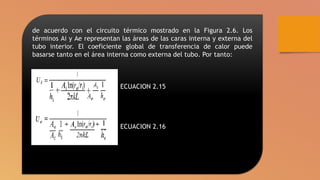 de acuerdo con el circuito térmico mostrado en la Figura 2.6. Los
términos Ai y Ae representan las áreas de las caras interna y externa del
tubo interior. El coeficiente global de transferencia de calor puede
basarse tanto en el área interna como externa del tubo. Por tanto:
ECUACION 2.15
ECUACION 2.16
 