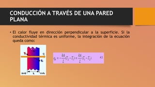 CONDUCCIÓN A TRAVÉS DE UNA PARED
PLANA
• El calor fluye en dirección perpendicular a la superficie. Si la
conductividad térmica es uniforme, la integración de la ecuación
queda como:
q
k
 