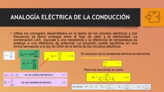 ANALOGÍA ELÉCTRICA DE LA CONDUCCIÓN
• Utiliza los conceptos desarrollados en la teoría de los circuitos eléctricos y con
frecuencia se llama analogía entre el flujo de calor y la electricidad. La
combinación L/kA equivale a una resistencia y la diferencia de temperatura es
análoga a una diferencia de potencial. La ecuación puede escribirse en una
forma semejante a la ley de Ohm de la teoría de los circuitos eléctricos
El recíproco de la resistencia térmica se denomina
conductancia térmica
Para tres secciones en serie
𝑞𝑘 = −𝑘𝐴
∆𝑇
∆𝑥
𝑞𝑘 = −
∆𝑇
∆𝑥
𝑘𝐴
 