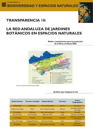 Unidad didáctica 1

BIODIVERSIDAD Y ESPACIOS NATURALES



TRANSPARENCIA 10:

LA RED ANDALUZA DE JARDINES
BOTÁNICOS EN ESPACIOS NATURALES

                                                                     Redes e instalaciones para la protección
                                                                            de la flora y la fauna 2002




             Fuente: Consejería de Medio Ambiente 2003




                                                                                Jardines que integran la red



                                                                                                         Sector
      Jardín botánico        Término municipal             Parque Natural             Provincia
                                                                                                      biogeográfico

        El Albardinal              Rodalquilar            Cabo de Gata-Níjar           Almería          Almeriense
                                                                                                   Guadiciano-Bacense y
     Umbría de la Virgen               María             Sierra María-Los Vélez        Almería
                                                                                                        Manchego
         El Castillejo              El Bosque             Sierra de Grazalema           Cádiz            Rondeño
        San Fernando              San Fernando               Bahía de Cádiz             Cádiz       Gaditano-Onubense
                                                                                                   Malacitano-Almeriense
        La Cortijuela                Monachil                Sierra Nevada             Granada
                                                                                                       y Nevadense
      Torre del Vinagre        Santiago-Pontones           Sierra de Cazorla,            Jaén           Subbético
                                                                                                       Marianico-
         El Robledo                Constantina           Sierra Norte de Sevilla        Sevilla
                                                                                                      Monchiquense
 