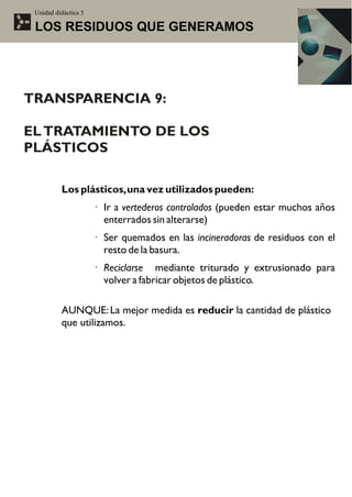 Unidad didáctica 5

 LOS RESIDUOS QUE GENERAMOS




TRANSPARENCIA 9:

EL TRATAMIENTO DE LOS
PLÁSTICOS

          Los plásticos, una vez utilizados pueden:
                      · Ir a vertederos controlados (pueden estar muchos años
                        enterrados sin alterarse)
                      · Ser quemados en las incineradoras de residuos con el
                        resto de la basura.
                      · Reciclarse mediante triturado y extrusionado para
                        volver a fabricar objetos de plástico.

          AUNQUE: La mejor medida es reducir la cantidad de plástico
          que utilizamos.
 