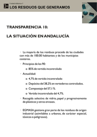 Unidad didáctica 5

 LOS RESIDUOS QUE GENERAMOS




TRANSPARENCIA 10:

LA SITUACIÓN EN ANDALUCÍA



              · La mayoría de los residuos procede de las ciudades
              con más de 100.00 habitantes y de los municipios
              costeros.
              · Principios de los 90:
                      o 85% de vertido incontrolado
              · Actualidad:
                      o 4,7% de vertido incontrolado
                      o Depósito del 38,2% en vertederos controlados.
                      o Compostaje del 57,1 %.
                      o Vertido incontrolado del 4,7%.
              · Recogida selectiva de vidrio, papel y progresivamente
                de plásticos y otros envases.

              · EGMASA gestiona gran parte de los residuos de origen
                industrial (asimilables a urbanos, de carácter especial,
                tóxicos o peligrosos).
 