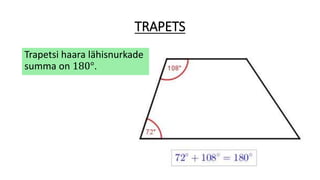 TRAPETS
Trapetsi haara lähisnurkade
summa on 180°.
 