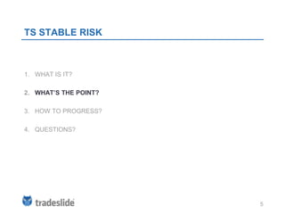 TS STABLE RISK



1. WHAT IS IT?

2. WHAT’S THE POINT?

3. HOW TO PROGRESS?

4. QUESTIONS?




                       5
 