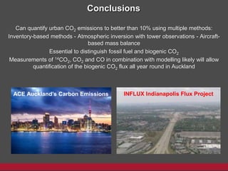 Conclusions
Can quantify urban CO2 emissions to better than 10% using multiple methods:
Inventory-based methods - Atmospheric inversion with tower observations - Aircraft-
based mass balance
Essential to distinguish fossil fuel and biogenic CO2
Measurements of 14CO2, CO2 and CO in combination with modelling likely will allow
quantification of the biogenic CO2 flux all year round in Auckland
INFLUX Indianapolis Flux ProjectACE Auckland’s Carbon Emissions
 
