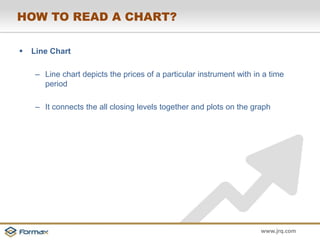 www.jrq.com 
HOW TO READ A CHART? 
 Line Chart 
– Line chart depicts the prices of a particular instrument with in a time 
period 
– It connects the all closing levels together and plots on the graph 
 