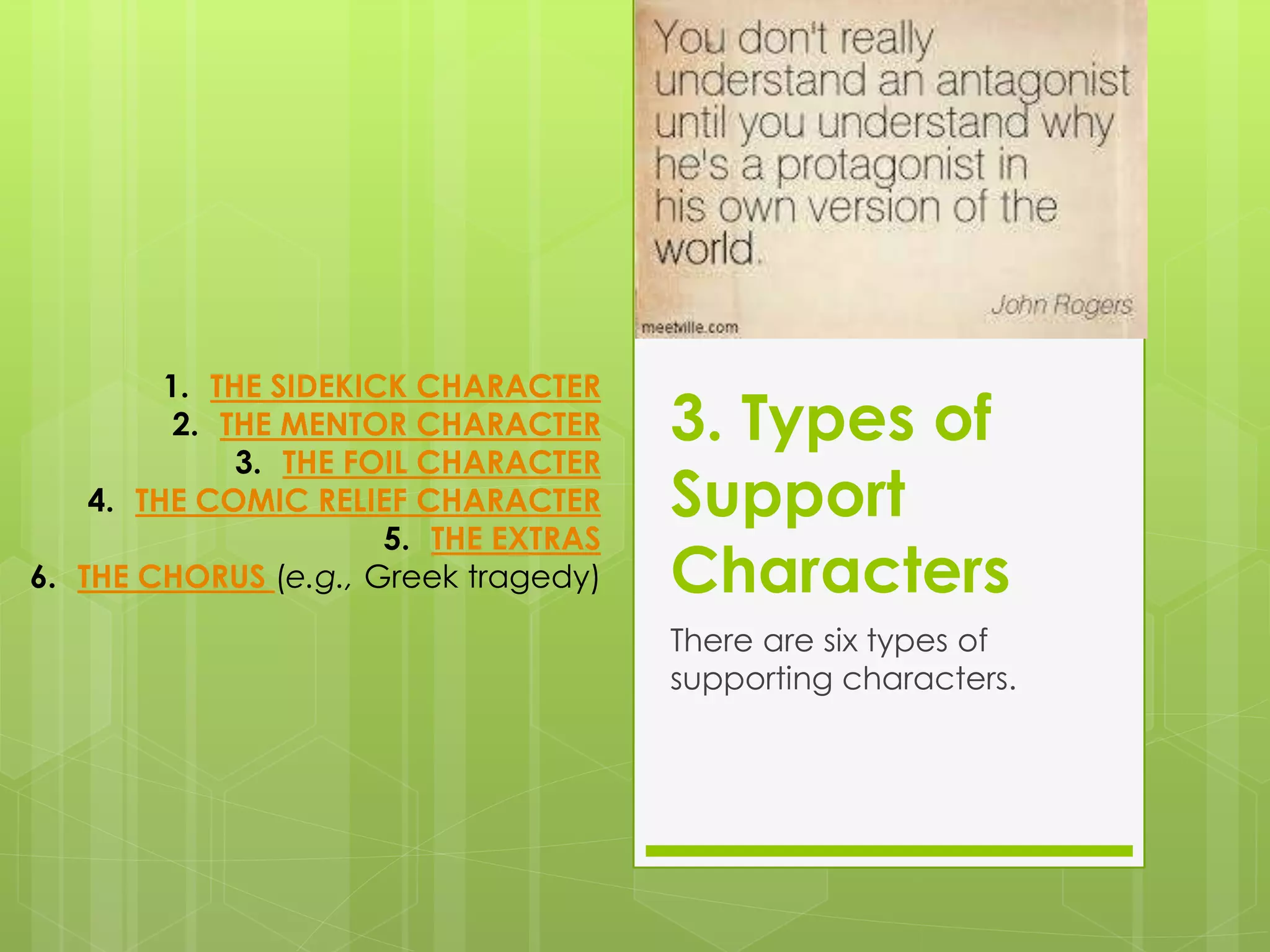 3. Types of
Support
Characters
There are six types of
supporting characters.
1. THE SIDEKICK CHARACTER
2. THE MENTOR CHARACTER
3. THE FOIL CHARACTER
4. THE COMIC RELIEF CHARACTER
5. THE EXTRAS
6. THE CHORUS (e.g., Greek tragedy)
 