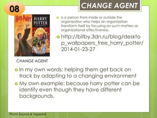 Insert any photo
that shows this
idea. The photo
should be clear
and should fit
and fill this
space.
CHANGE AGENT
08
CHANGE AGENT
 is a person from inside or outside the
organization who helps an organization
transform itself by focusing on such matters as
organizational effectiveness.
 http://bitby.3dn.ru/blog/deskto
p_wallpapers_free_harry_potter/
2014-01-23-27
 In my own words: helping them get back on
track by adapting to a changing environment
 My own example: because harry potter can be
identify even though they have different
backgrounds.
Photo Source & hyperlink
 