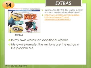 Insert any photo that
shows this idea. The photo
should be clear and
should fit and fill this space.
EXTRAS14
EXTRAS
 a person hired by the day to play a minor
part, as a member of a mob or crowd.
 http://www.amazon.com/Despicable-
Includes-Interview-Pharrell-
UltraViolet/dp/B00H8YAO6G
 In my own words: an additional worker.
 My own example: the minions are the extras in
Despicable Me
Photo Source & hyperlink
 