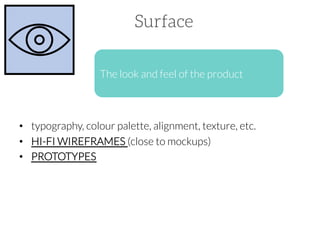 Surface
The look and feel of the product

•  typography, colour palette, alignment, texture, etc.
•  HI-FI WIREFRAMES (close to mockups)
•  PROTOTYPES

 