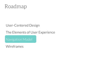 Roadmap

User-Centered Design
The Elements of User Experience
Navigation Model







Wireframes

 