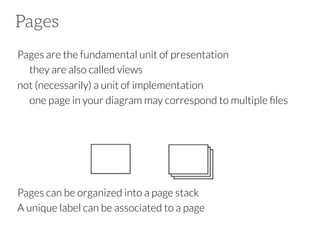 Pages
Pages are the fundamental unit of presentation

they are also called views
not (necessarily) a unit of implementation

one page in your diagram may correspond to multiple ﬁles





Pages can be organized into a page stack
A unique label can be associated to a page

 