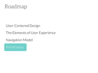 Roadmap

User-Centered Design
The Elements of User Experience
Navigation Model







Wireframes

 