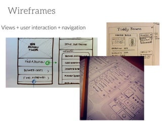 Wireframes
Views + user interaction + navigation

 