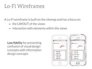 Lo-Fi Wireframes
A Lo-Fi wireframe is built on the sitemap and has a focus on
–  the LAYOUT of the views
–  interaction with elements within the views 

Low ﬁdelity for preventing
confusion of visual design
concepts with information 
design concepts

 