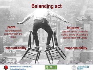 Balancing act
account-ability response-ability
prove ...
how well research
and innovation are
doing
im-prove ...
research and innovation by
making it more responsive to
societal needs and values
Department of Science and
Technology Studies
 