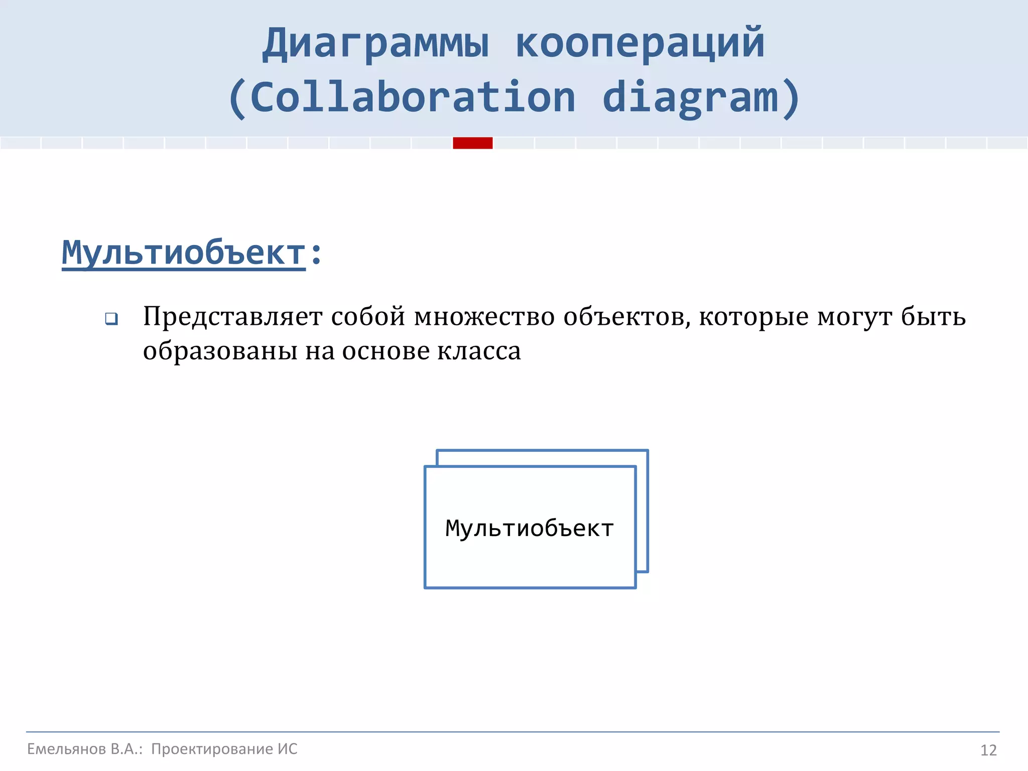 Мультиобъект:
 Представляет собой множество объектов, которые могут быть
образованы на основе класса
12
Мультиобъект
Диаграммы коопераций
(Collaboration diagram)
Емельянов В.А.: Проектирование ИС
 