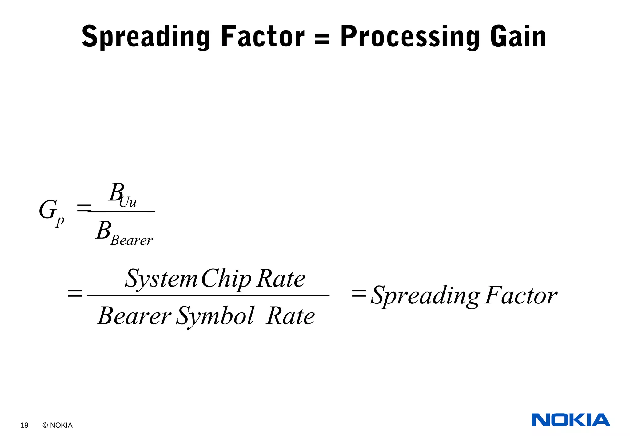 19 © NOKIA
Spreading Factor = Processing Gain
B
B
G
Bearer
Uu
p
=
FactorSpreading
RateSymbolBearer
RateChipSystem
==
 