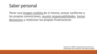 Saber personal
Tener una imagen realista de sí mismo, actuar conforme a
las propias convicciones, asumir responsabilidades, tomar
decisiones y relativizar las propias frustraciones
Echevarría, B. (2005). Competencias de acción de los
profesionales de la orientación. ESIC Editorial, Madrid.
 
