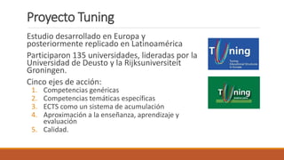 Proyecto Tuning
Estudio desarrollado en Europa y
posteriormente replicado en Latinoamérica
Participaron 135 universidades, lideradas por la
Universidad de Deusto y la Rijksuniversiteit
Groningen.
Cinco ejes de acción:
1. Competencias genéricas
2. Competencias temáticas específicas
3. ECTS como un sistema de acumulación
4. Aproximación a la enseñanza, aprendizaje y
evaluación
5. Calidad.
 