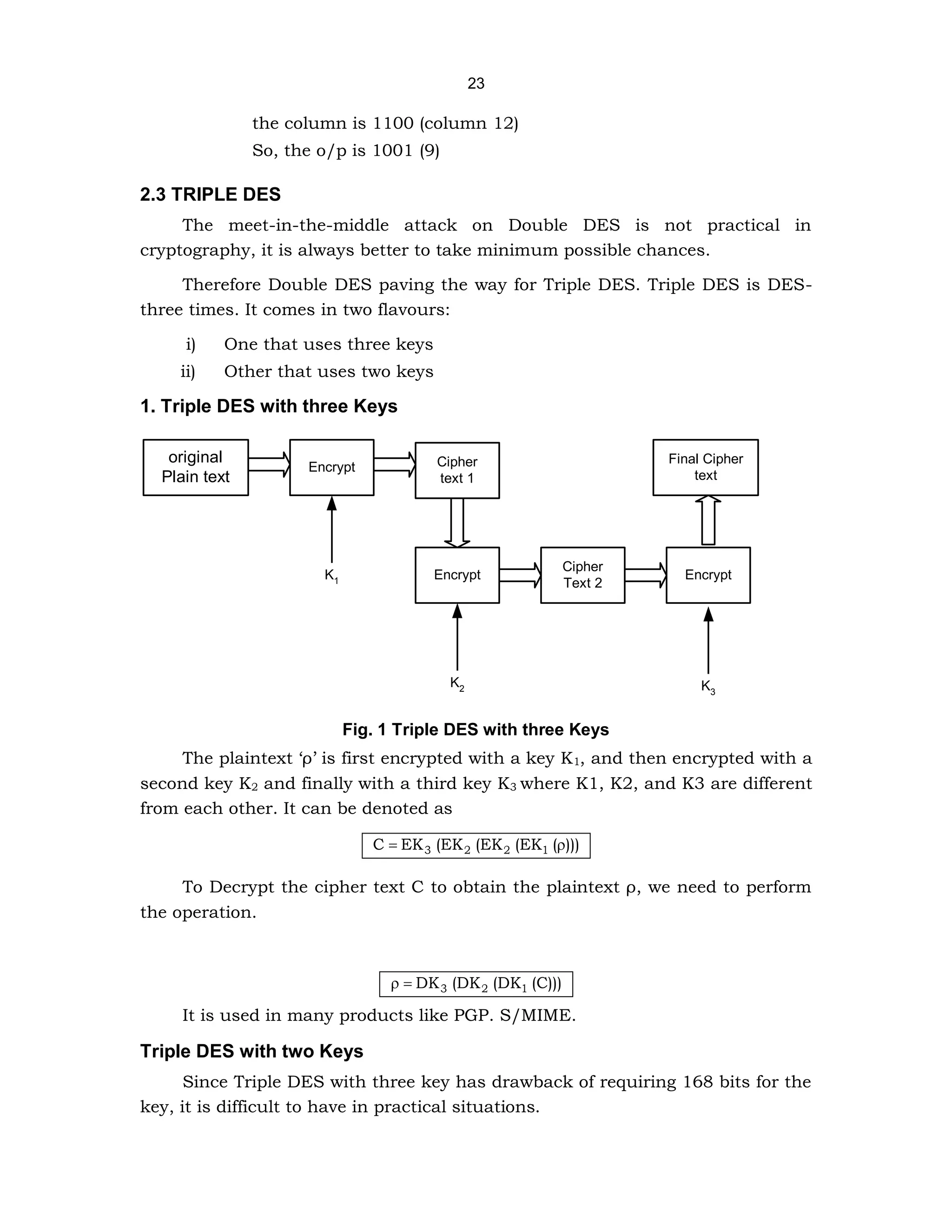 23
the column is 1100 (column 12)
So, the o/p is 1001 (9)
2.3 TRIPLE DES
The meet-in-the-middle attack on Double DES is not practical in
cryptography, it is always better to take minimum possible chances.
Therefore Double DES paving the way for Triple DES. Triple DES is DES-
three times. It comes in two flavours:
i) One that uses three keys
ii) Other that uses two keys
1. Triple DES with three Keys
original
Plain text
Encrypt Cipher
text 1
Encrypt
Cipher
Text 2
Encrypt
Final Cipher
text
K1
K2 K3
Fig. 1 Triple DES with three Keys
The plaintext ‘ρ’ is first encrypted with a key K1, and then encrypted with a
second key K2 and finally with a third key K3 where K1, K2, and K3 are different
from each other. It can be denoted as
)))
(
(EK
(EK
(EK
EK
C 1
2
2
3 
=
To Decrypt the cipher text C to obtain the plaintext ρ, we need to perform
the operation.
It is used in many products like PGP. S/MIME.
Triple DES with two Keys
Since Triple DES with three key has drawback of requiring 168 bits for the
key, it is difficult to have in practical situations.
(C)))
(DK
(DK
DK 1
2
3
=

 