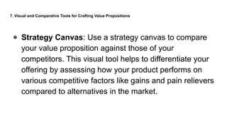 7. Visual and Comparative Tools for Crafting Value Propositions
● Strategy Canvas: Use a strategy canvas to compare
your value proposition against those of your
competitors. This visual tool helps to differentiate your
offering by assessing how your product performs on
various competitive factors like gains and pain relievers
compared to alternatives in the market.
 