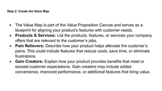 Step 2: Create the Value Map
● The Value Map is part of the Value Proposition Canvas and serves as a
blueprint for aligning your product's features with customer needs.
● Products & Services: List the products, features, or services your company
offers that are relevant to the customer’s jobs.
● Pain Relievers: Describe how your product helps alleviate the customer’s
pains. This could include features that reduce costs, save time, or eliminate
frustrations.
● Gain Creators: Explain how your product provides benefits that meet or
exceed customer expectations. Gain creators may include added
convenience, improved performance, or additional features that bring value.
 