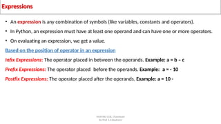 Expressions
SNJB KBJ COE, Chandwad
By Prof. S.S.Wadnere
• An expression is any combination of symbols (like variables, constants and operators).
• In Python, an expression must have at least one operand and can have one or more operators.
• On evaluating an expression, we get a value.
Based on the position of operator in an expression
Infix Expressions: The operator placed in between the operands. Example: a = b – c
Prefix Expressions: The operator placed before the operands. Example: a = - 10
Postfix Expressions: The operator placed after the operands. Example: a = 10 -
 