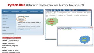 Python IDLE (Integrated Development and Learning Environment)
Shell
Interactive
Mode
Script
Mode
Writing Python Programs
Step 1: Open an editor
Step 2: Write the
instructions (Program
Code)
Step 3: Save it as a file
 