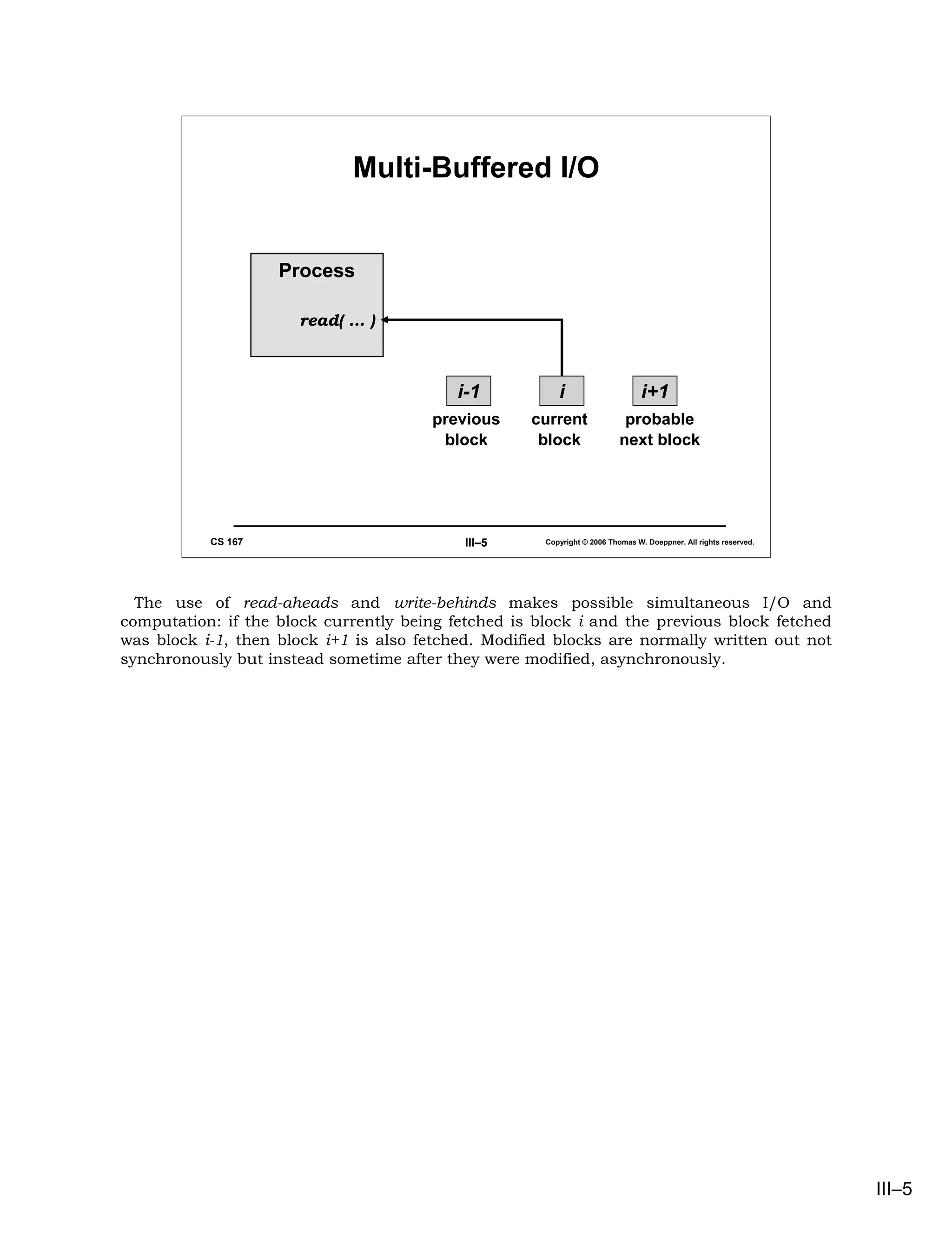 Multi-Buffered I/O


                    Process

                      read( … )



                                           i-1           i                      i+1
                                       previous     current                probable
                                        block        block                next block




           CS 167                           III–5     Copyright © 2006 Thomas W. Doeppner. All rights reserved.




  The use of read-aheads and write-behinds makes possible simultaneous I/O and
computation: if the block currently being fetched is block i and the previous block fetched
was block i-1, then block i+1 is also fetched. Modified blocks are normally written out not
synchronously but instead sometime after they were modified, asynchronously.




                                                                                                                  III–5
 