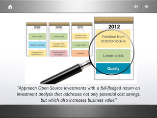 “Approach Open Source investments with a full-fledged return on
investment analysis that addresses not only potential cost savings,
but which also increases business value”
 
