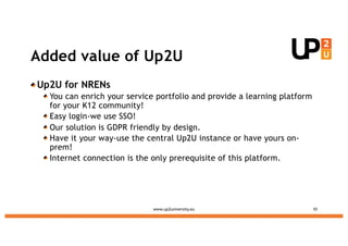 Added value of Up2U
Up2U for NRENs
You can enrich your service portfolio and provide a learning platform
for your K12 comm...