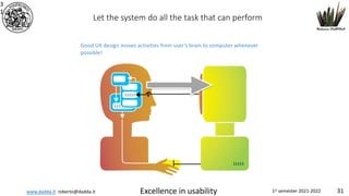 www.dadda.it roberto@dadda.it Excellence in usability 1st semester 2021-2022 31
3
1
Let the system do all the task that can perform
Good UX design moves activities from user’s brain to computer whenever
possible!
 