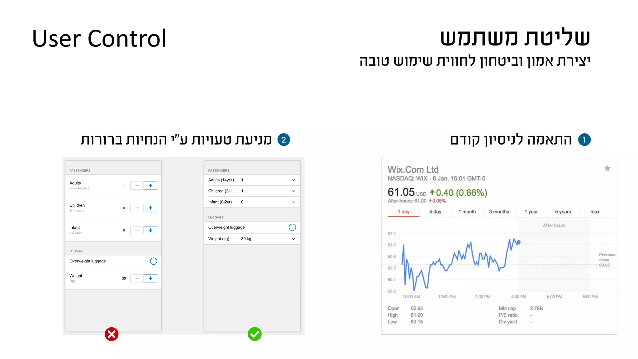 ‫קודם‬ ‫לניסיון‬ ‫התאמה‬‫ברורות‬ ‫הנחיות‬ ‫ע״י‬ ‫טעויות‬ ‫מניעת‬
‫משתמש‬ ‫שליטת‬
‫טובה‬ ‫שימוש‬ ‫לחווית‬ ‫וביטחון‬ ‫אמון‬ ‫יצירת‬
12
User Control
 