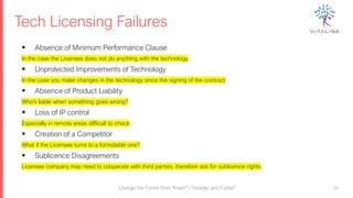 Tech Licensing Failures
Change the Footer from "Insert" / "Header and Footer" 24
▪ Absence of Minimum Performance Clause
In the case the Licensee does not do anything with the technology
▪ Unprotected Improvements of Technology
In the case you make changes in the technology since the signing of the contract
▪ Absence of Product Liability
Who’s liable when something goes wrong?
▪ Loss of IP control
Especially in remote areas difficult to check
▪ Creation of a Competitor
What if the Licensee turns to a formidable one?
▪ Sublicence Disagreements
Licensee company may need to cooperate with third parties, therefore ask for sublicence rights
 