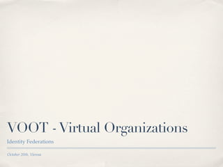 VOOT - Virtual Organizations
Identity Federations

October 20th, Vienna
 