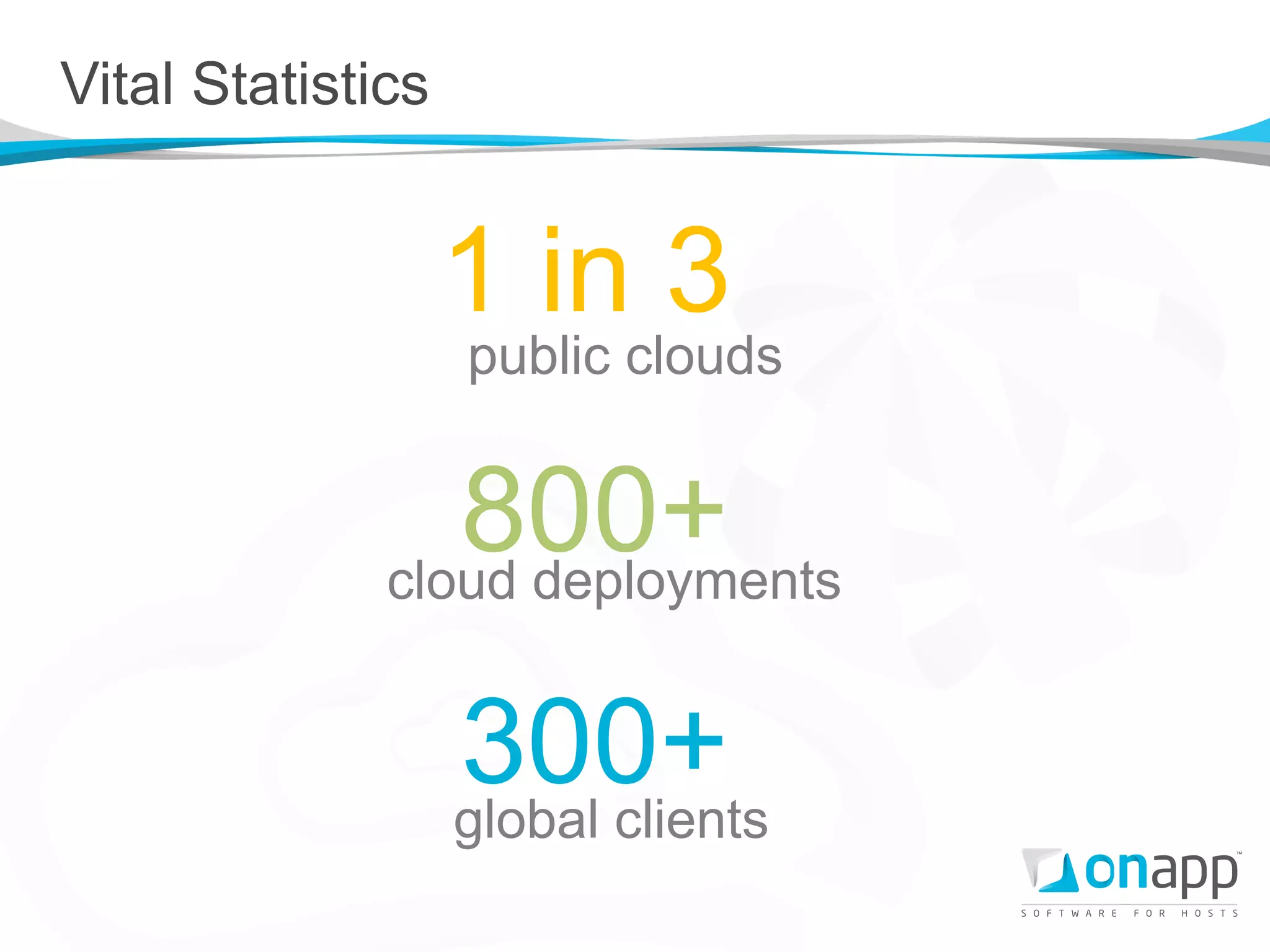 Vital Statistics


                   1 in 3
                   public clouds


                 800+
              cloud deployments


                   300+
                   global clients
 