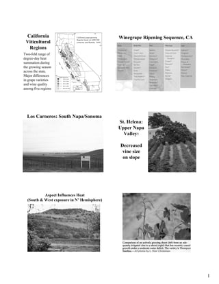 California                 California grape-growing      Winegrape Ripening Sequence, CA
                            Regions based on GDD-50F
 Viticultural               (Amerine and Winkler, 1944)


  Regions
Two-fold range of
degree-day heat
summation during
the growing season
across the state.
Major differences
in grape varieties
and wine quality
among five regions




  Los Carneros: South Napa/Sonoma
                                                          St. Helena:
                                                          Upper Napa
                                                            Valley:

                                                          Decreased
                                                           vine size
                                                           on slope




           Aspect Influences Heat
  (South & West exposure in N’ Hemisphere)




                                                                                            1
 