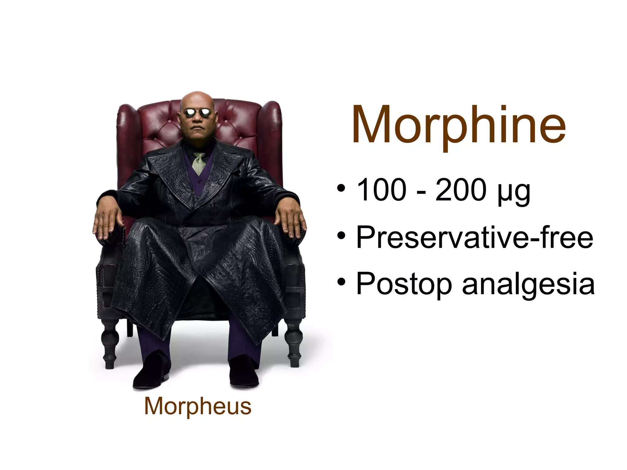 Morphine 
• 100 - 200 μg 
• Preservative-free 
• Postop analgesia 
Morpheus 
 