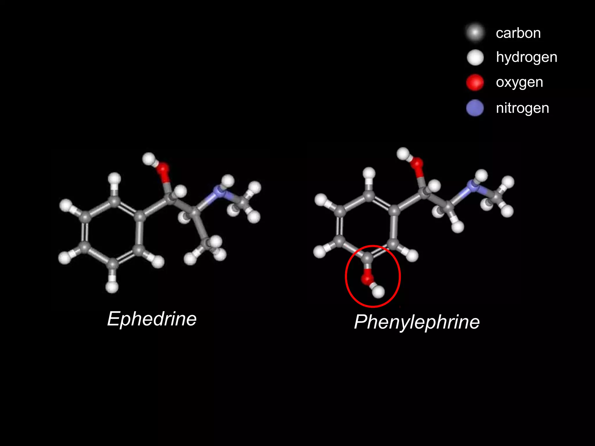Ephedrine Phenylephrine 
carbon 
hydrogen 
oxygen 
nitrogen 
 