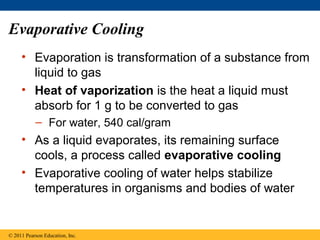 Evaporative Cooling
     • Evaporation is transformation of a substance from
       liquid to gas
     • Heat of vaporization is the heat a liquid must
       absorb for 1 g to be converted to gas
           – For water, 540 cal/gram
     • As a liquid evaporates, its remaining surface
       cools, a process called evaporative cooling
     • Evaporative cooling of water helps stabilize
       temperatures in organisms and bodies of water


© 2011 Pearson Education, Inc.
 