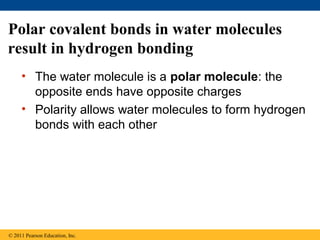 Polar covalent bonds in water molecules
result in hydrogen bonding
     • The water molecule is a polar molecule: the
       opposite ends have opposite charges
     • Polarity allows water molecules to form hydrogen
       bonds with each other




© 2011 Pearson Education, Inc.
 
