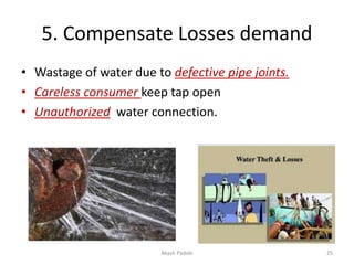 5. Compensate Losses demand
• Wastage of water due to defective pipe joints.
• Careless consumer keep tap open
• Unauthorized water connection.
Akash Padole 25
 