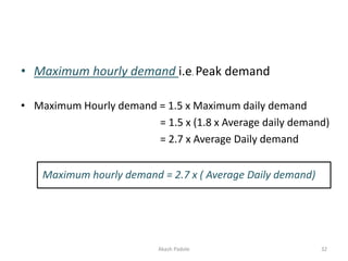 • Maximum hourly demand i.e. Peak demand
• Maximum Hourly demand = 1.5 x Maximum daily demand
= 1.5 x (1.8 x Average daily demand)
= 2.7 x Average Daily demand
Maximum hourly demand = 2.7 x ( Average Daily demand)
Akash Padole 32
 