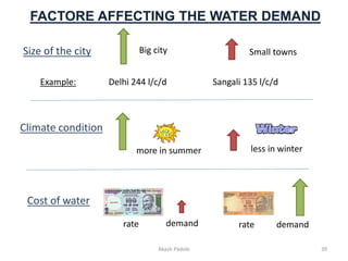 FACTORE AFFECTING THE WATER DEMAND
Big city
Size of the city Small towns
Example: Delhi 244 l/c/d Sangali 135 l/c/d
Climate condition
less in winter
more in summer
Cost of water
rate demand rate demand
Akash Padole 39
 