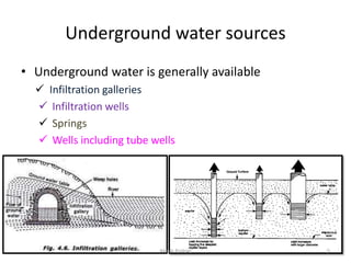 Underground water sources
• Underground water is generally available
 Infiltration galleries
 Infiltration wells
 Springs
 Wells including tube wells
Akash Padole 5
 