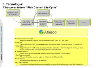 8
Webinar|PlataformadeDistribucióndeContenidos
3. Tecnología:
Alfresco en todo el “Rich Content Life Cycle”
•Customized Content Model:
•Es posible modelar cualquier tipo de contenido: video, audio, PPT, PDF, SWF, ..
•Front-end:
•Webscripts, Share, Surf: Technology agnostic, Terminal-agnostic: PDA, Smartphone, TV, e-Kiosk, PC, …
•DAM, WCM:
•Es posible combinar diferentes tipos de contenidos destinados a diferentes tipos de canales, es decir,
mezclar contenido Web con contenido multimedia destinada a TV.
•Content as Service:
•Puedo servir contenido desde el Repositorio sin importar dónde y cómo se aloja.
•Workflows embedded
•Me permite aplicar acciones, reglas en el tratamiento del contenido.
•Multi-tenancy
•Rápido despliegue y creación de dominios.
•API, SDK y Modules:
•Frameworks que hacen posible productividad en el desarrollo de aplicaciones y una fácil integración.
•Customized Content Model:
•Es posible modelar cualquier tipo de contenido: video, audio, PPT, PDF, SWF, ..
•Front-end:
•Webscripts, Share, Surf: Technology agnostic, Terminal-agnostic: PDA, Smartphone, TV, e-Kiosk, PC, …
•DAM, WCM:
•Es posible combinar diferentes tipos de contenidos destinados a diferentes tipos de canales, es decir,
mezclar contenido Web con contenido multimedia destinada a TV.
•Content as Service:
•Puedo servir contenido desde el Repositorio sin importar dónde y cómo se aloja.
•Workflows embedded
•Me permite aplicar acciones, reglas en el tratamiento del contenido.
•Multi-tenancy
•Rápido despliegue y creación de dominios.
•API, SDK y Modules:
•Frameworks que hacen posible productividad en el desarrollo de aplicaciones y una fácil integración.
 