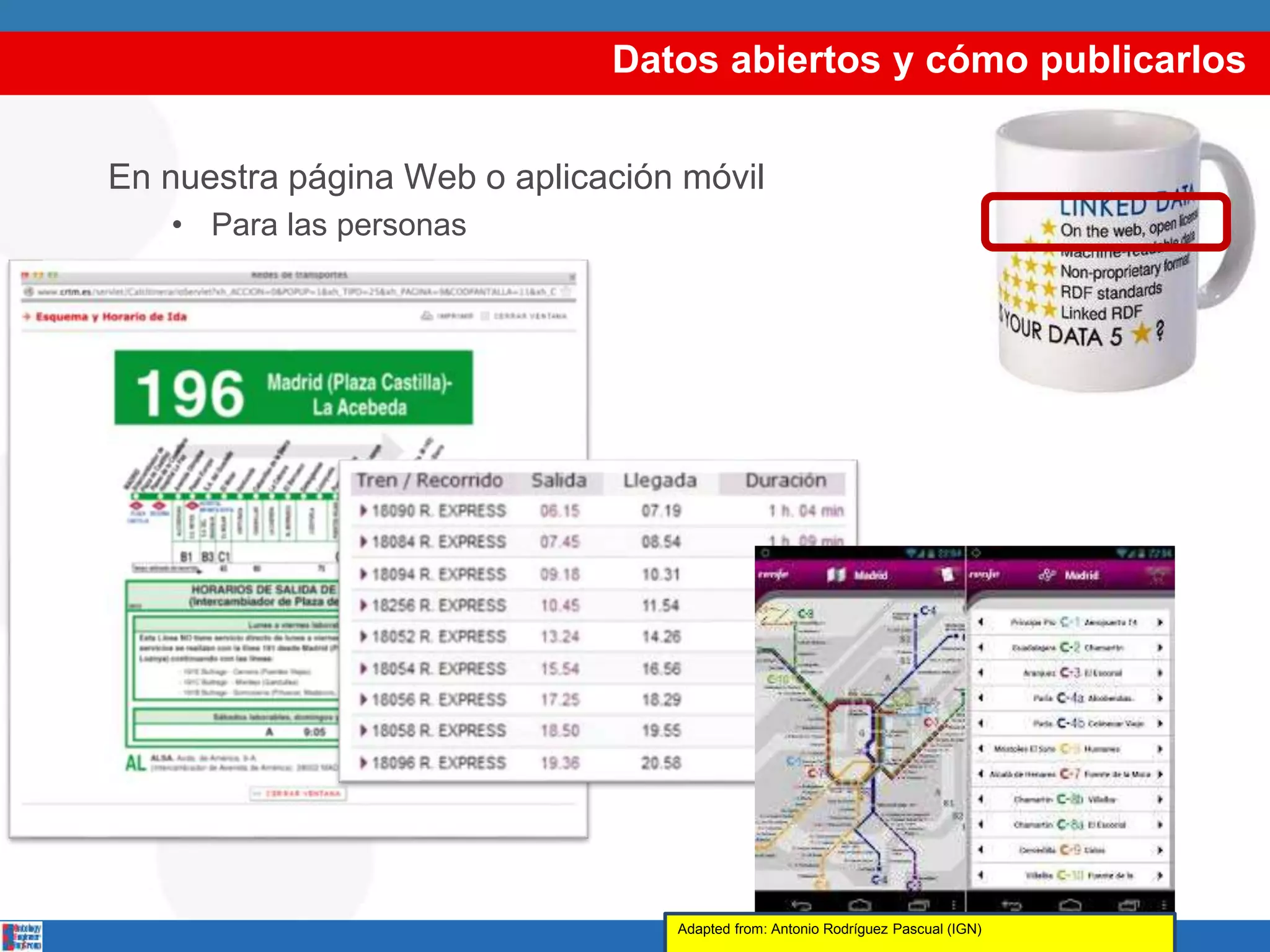 Datos abiertos y cómo publicarlos
En nuestra página Web o aplicación móvil
• Para las personas
Adapted from: Antonio Rodríguez Pascual (IGN)
 