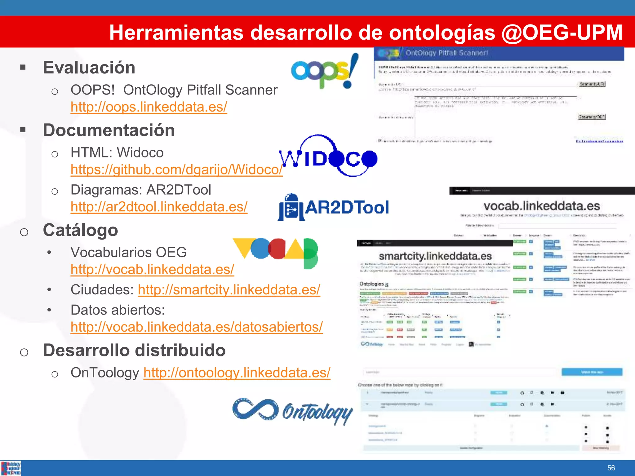 Herramientas desarrollo de ontologías @OEG-UPM
56
 Evaluación
o OOPS! OntOlogy Pitfall Scanner
http://oops.linkeddata.es/
 Documentación
o HTML: Widoco
https://github.com/dgarijo/Widoco/
o Diagramas: AR2DTool
http://ar2dtool.linkeddata.es/
o Catálogo
• Vocabularios OEG
http://vocab.linkeddata.es/
• Ciudades: http://smartcity.linkeddata.es/
• Datos abiertos:
http://vocab.linkeddata.es/datosabiertos/
o Desarrollo distribuido
o OnToology http://ontoology.linkeddata.es/
 